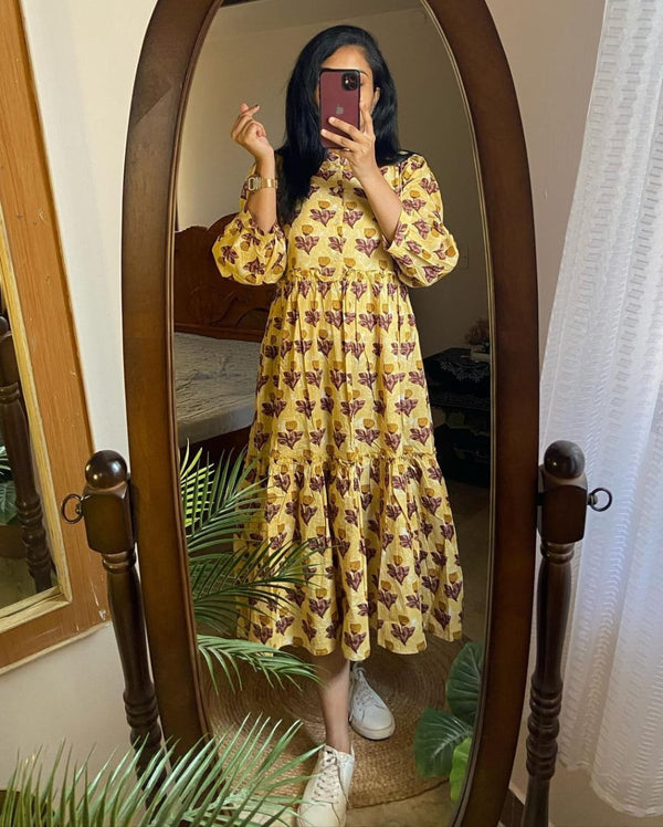 Cotton Suit women's flower print midi dress in yellow with purple floral design and puff sleeves