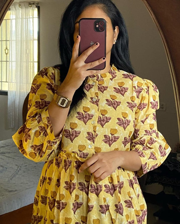 Cotton Suit women's flower print midi dress in yellow with maroon floral design and puffed sleeves