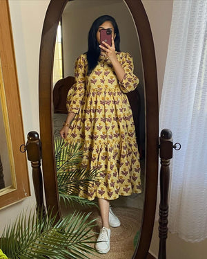 Jaipuri pehnawa women's flower print midi dress in yellow with purple floral design and puff sleeves