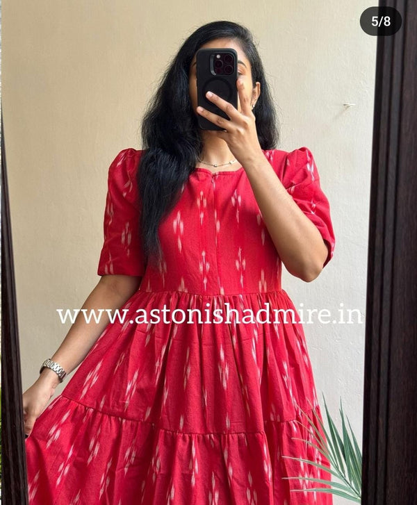 Red women's ikkat print gown with puff sleeves and tiered skirt by THREAD JAIPUR