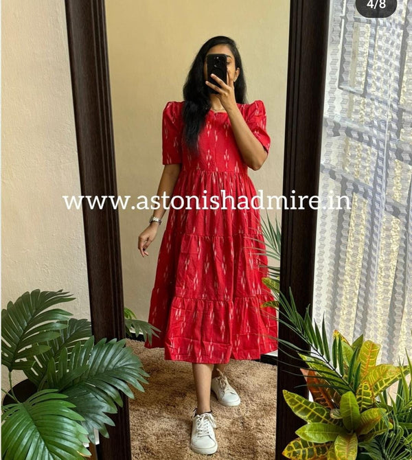 Thread Jaipur women's ikkat print gown in red with puff sleeves and tiered design paired with white sneakers