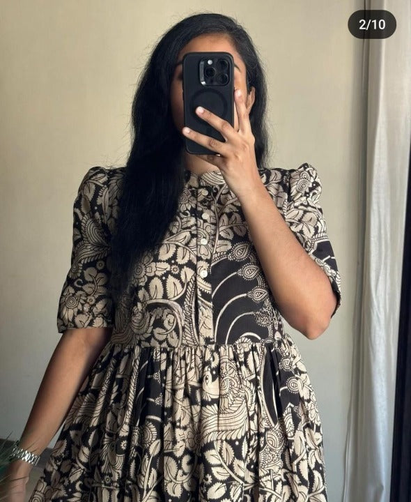  Cotton Suit women's ikkat print midi dress with puff sleeves and intricate black and beige floral patterns