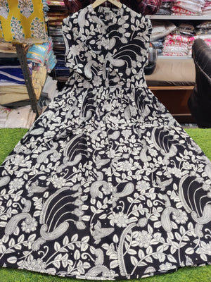  Cotton Suit women's ikkat print midi dress gown with black and white floral patterns