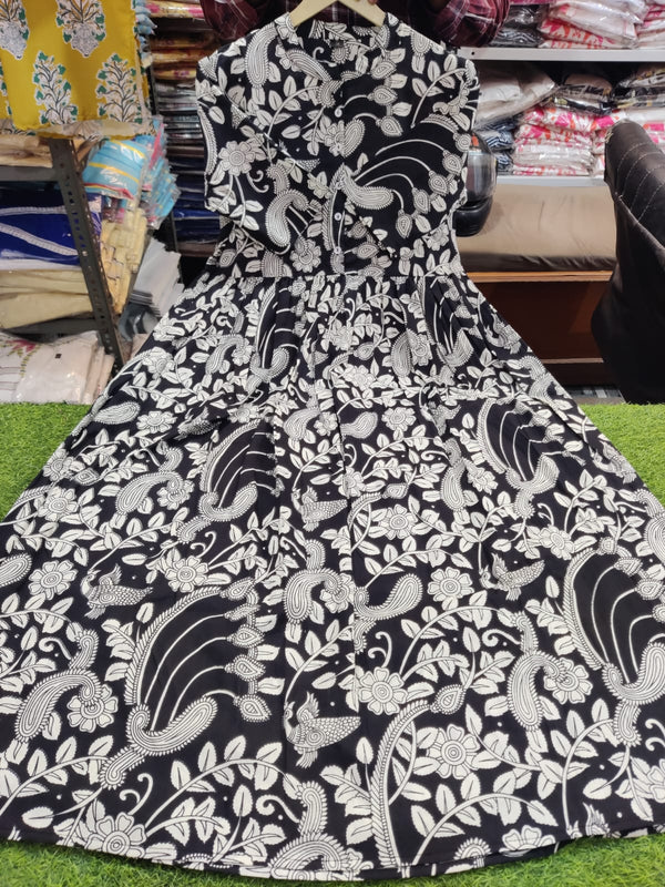 Cotton Suit women's ikkat print midi dress gown with black and white floral patterns