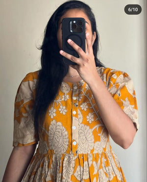 Thread Jaipur women's midi cotton gown in yellow with floral print and button details