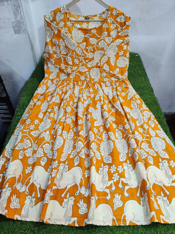 THREAD JAIPUR women's midi cotton gown in orange with white floral and elephant print