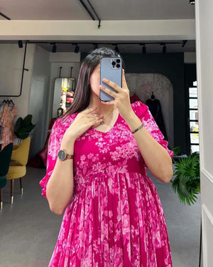  Cotton Suit women's pink cotton midi gown with floral pattern and puff sleeves