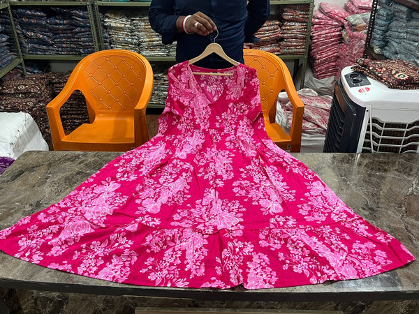  Cotton Suit women's pink cotton midi gown with floral print spread on table