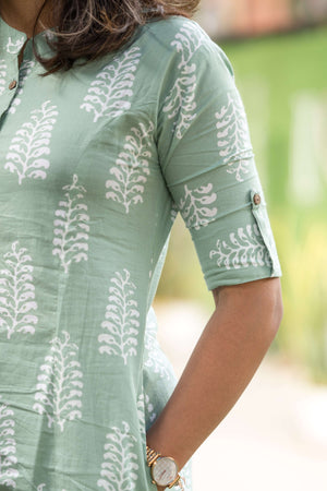 Cottonsuit women's summer cotton co-ord suit with light green fabric and white print detail on sleeve