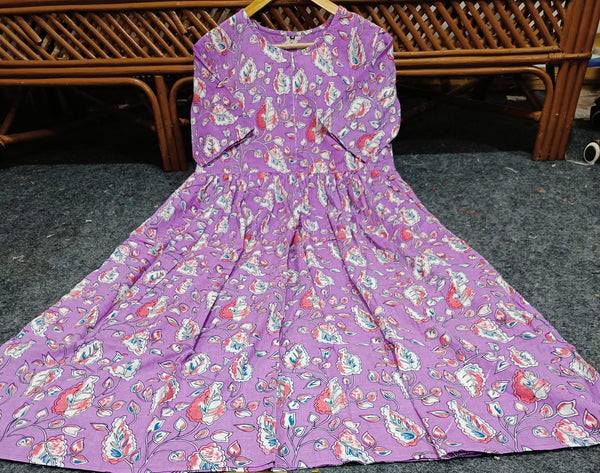 Purple women's summer cotton dress with floral print and long sleeves by Cotton Suit