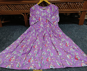 Purple printed women's summer cotton dress with long sleeves and flowing skirt from Cotton Suit