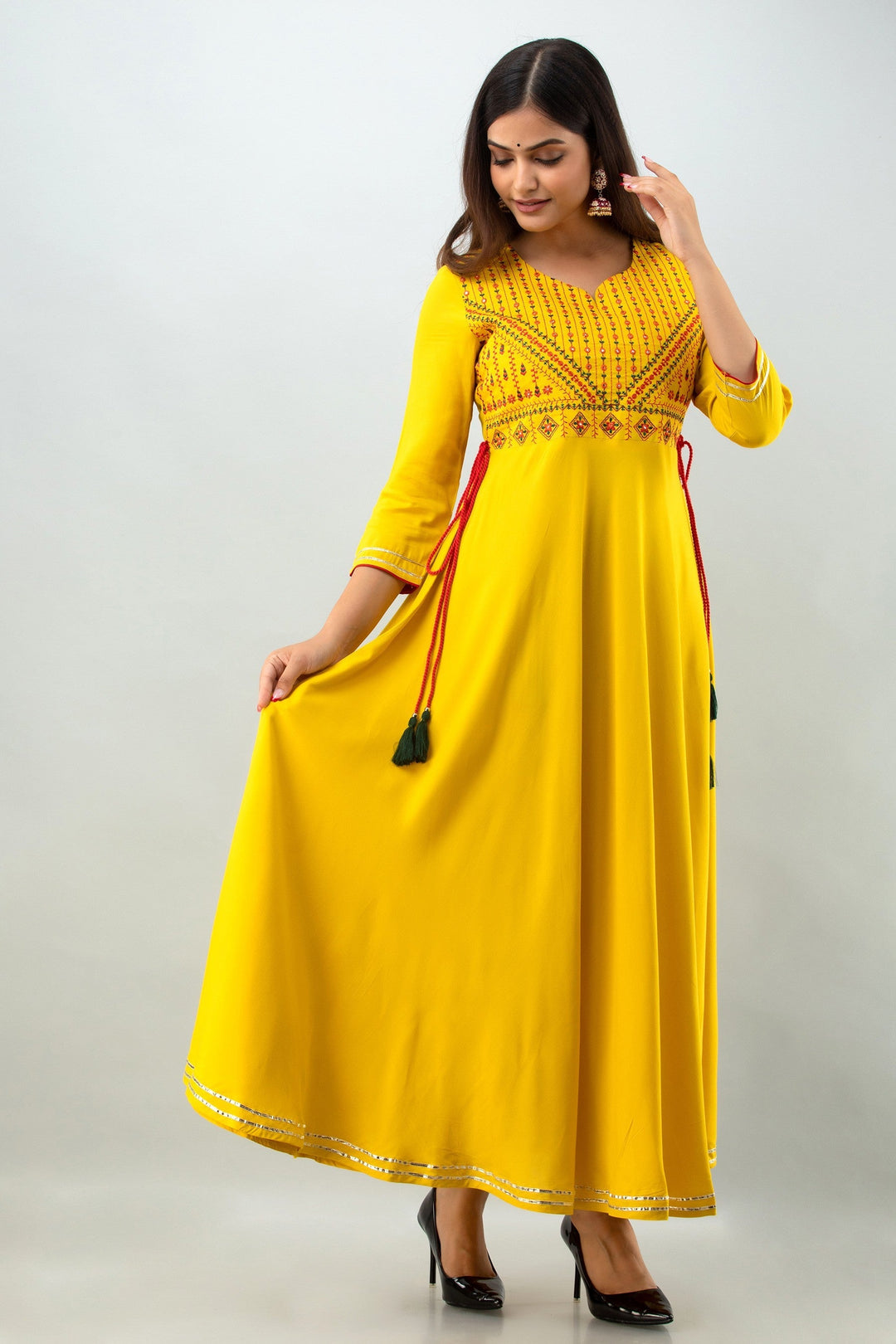 Yellow Mustard Embroidery work Flair Gown