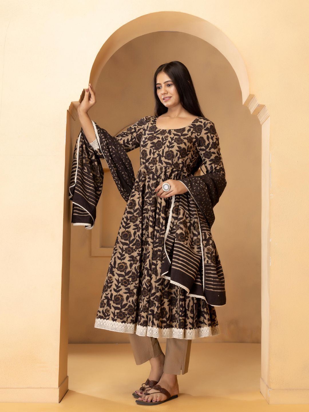 Brown Pure Cotton Anarkali Kurta Pant Dupatta Set