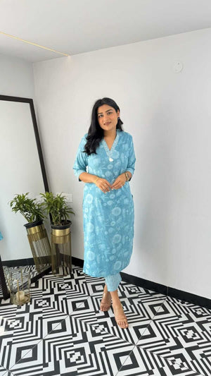 Cotton Suit blue printed kurta for office wear styled by model indoors