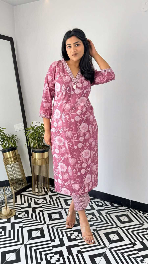 Cotton Suit yellow and pink office wear kurta with floral print and three-quarter sleeves