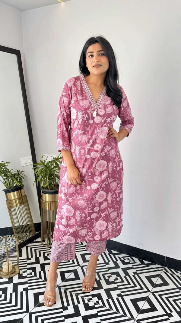 Cotton Suit yellow and pink office wear kurta with floral print and matching pants styled by a woman