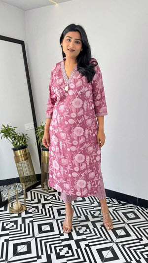Cotton Suits yellow and pink office wear kurta with floral print and three-quarter sleeves