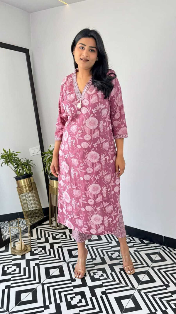 Cotton Suits yellow and pink office wear kurta with floral print and three-quarter sleeves