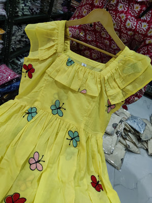  Cotton Suit yellow cotton midi gown for women with butterfly embroidery and ruffle sleeves