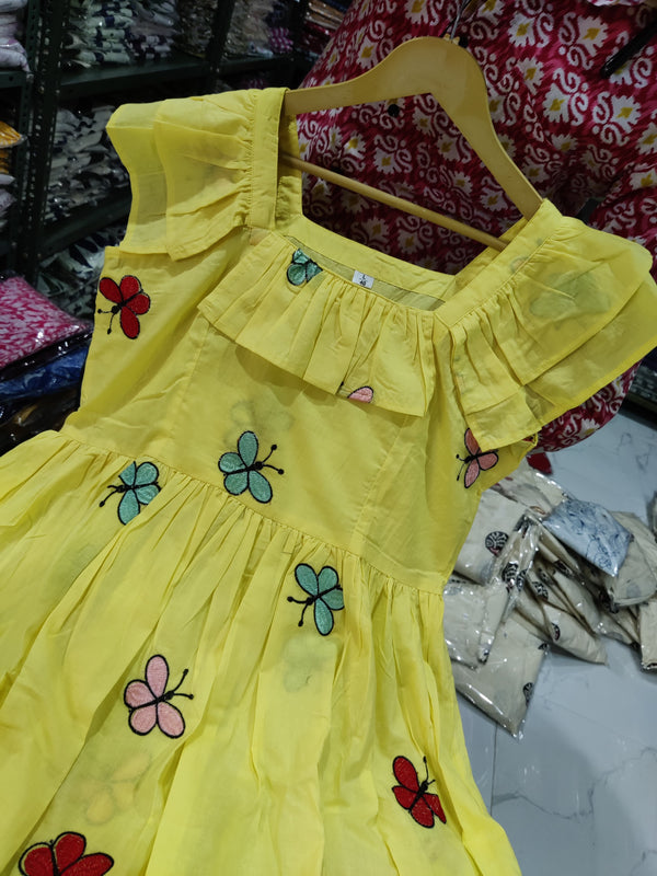  Cotton Suit yellow cotton midi gown for women with butterfly embroidery and ruffle sleeves
