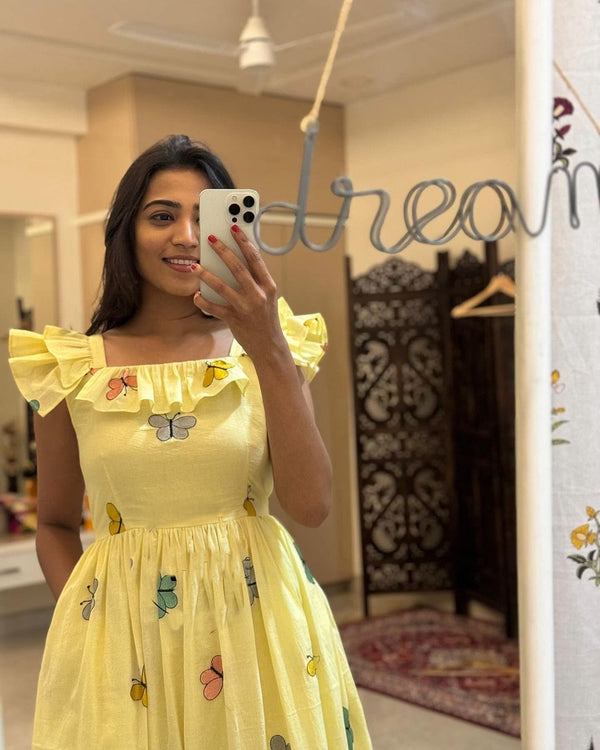  Cotton Suit yellow cotton midi gown for women with butterfly print and ruffle sleeves