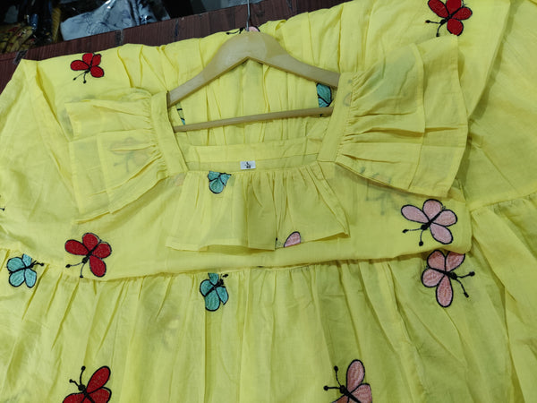  yellow cotton midi gown for women with butterfly embroidery and ruffle sleeves