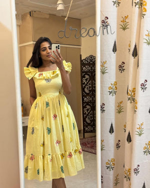  Cotton Suit yellow cotton midi gown for women with butterfly prints and ruffle sleeves