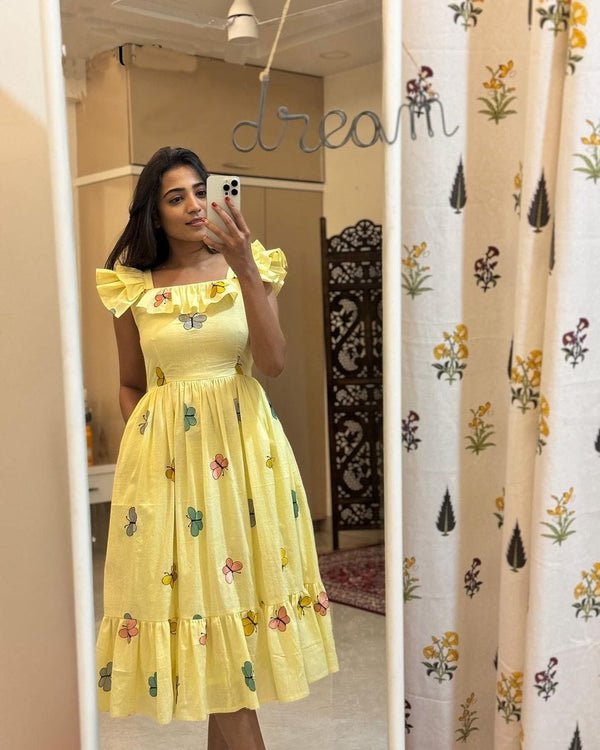  Cotton Suit yellow cotton midi gown for women with butterfly prints and ruffle sleeves