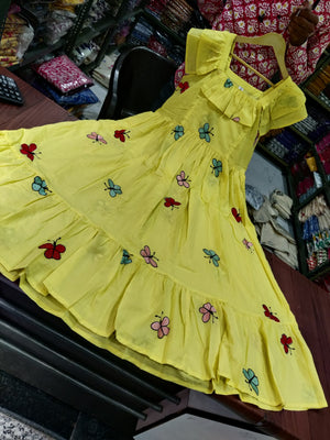  Cotton Suit yellow cotton midi gown for women with colorful butterfly embroidery and ruffled hem
