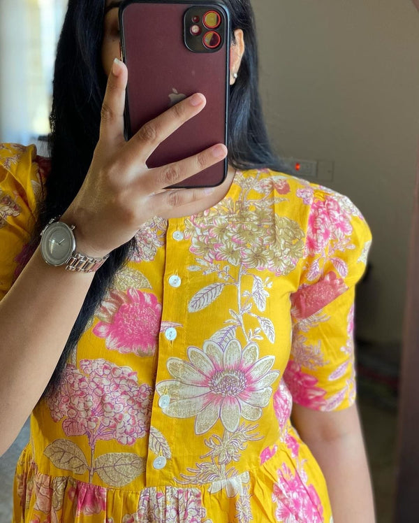  Cotton Suit yellow floral cotton dress for women with button front and puff sleeves