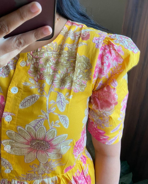  Cotton Suit yellow floral cotton dress for women with button front and puff sleeves close-up