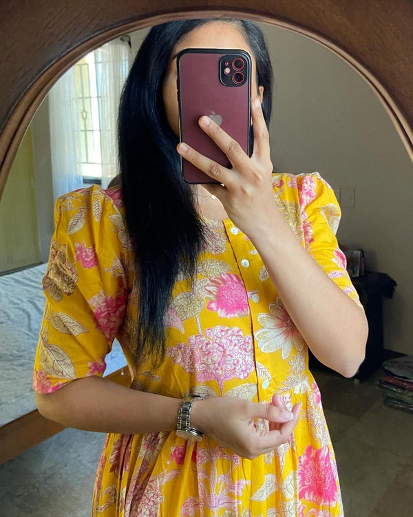  Cotton Suit yellow floral cotton dress for women with puff sleeves and buttoned front detail