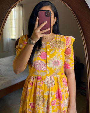  Cotton Suit yellow floral cotton dress for women with puff sleeves and button front detail