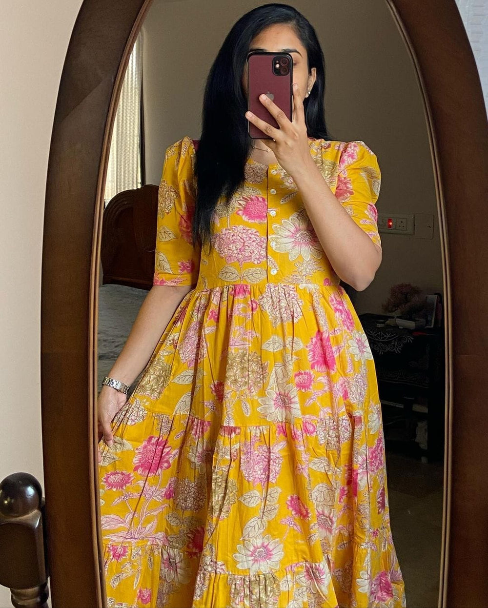  Cotton Suit yellow floral cotton dress for women with pink and white flower prints worn by woman