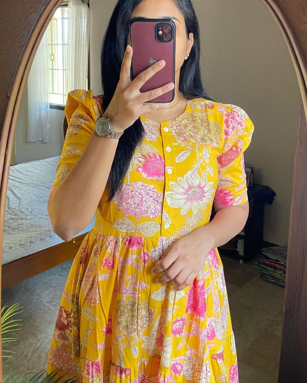  CottonS Suit yellow floral cotton dress for women with puff sleeves and button front detail