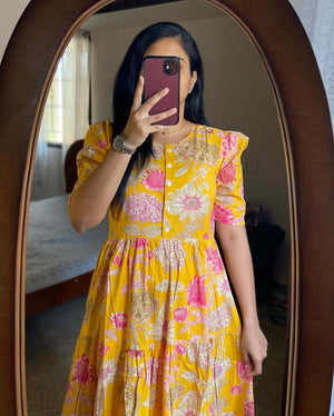 Cotton Suit yellow floral cotton dress for women with pink and white flowers and button front design