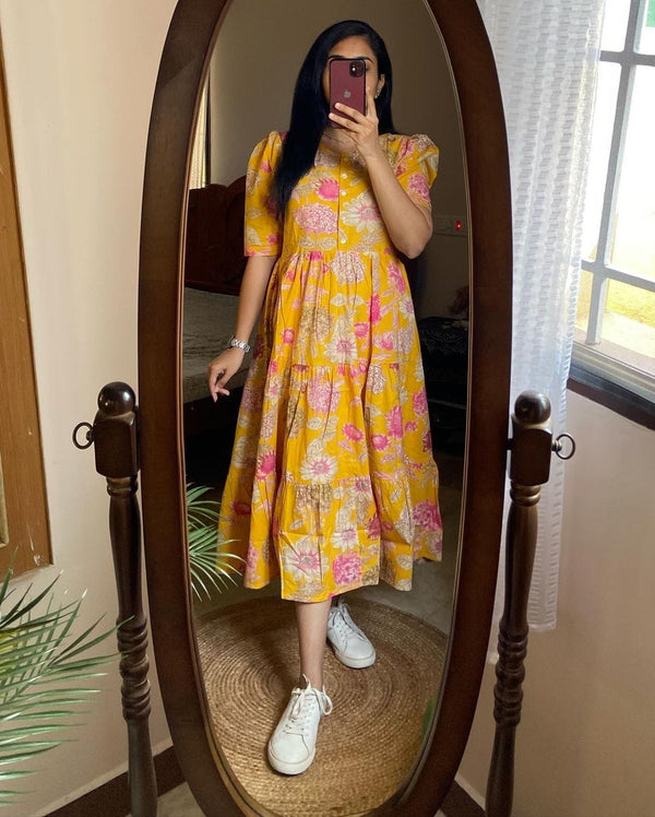  Cotton Suit yellow floral cotton dress for women worn by a woman standing in front of a full-length mirror
