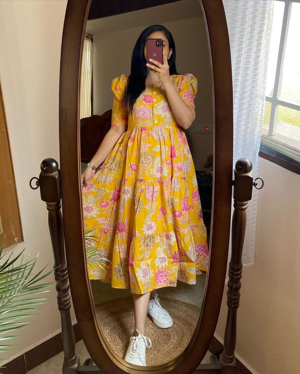  Cotton Suit yellow floral cotton dress for women with short puff sleeves and a flared skirt
