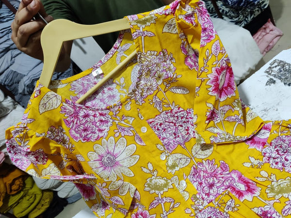  Cotton Suit yellow floral cotton dress for women with pink and white flower patterns and buttons
