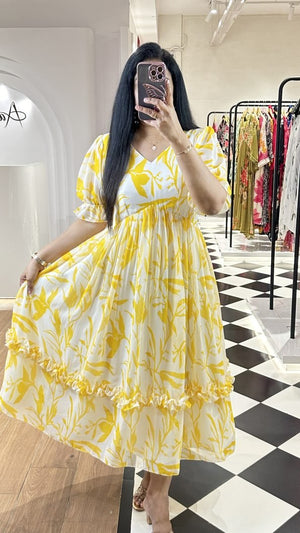 Cotton Suit women's casual cotton midi dress in white with yellow floral print and ruffle details